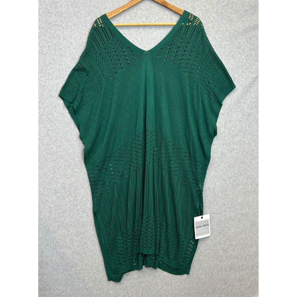 Hanna Nikole Kaftan Cover Up Emerald Green Pointelle Knit V-Neck Size 26W NWT